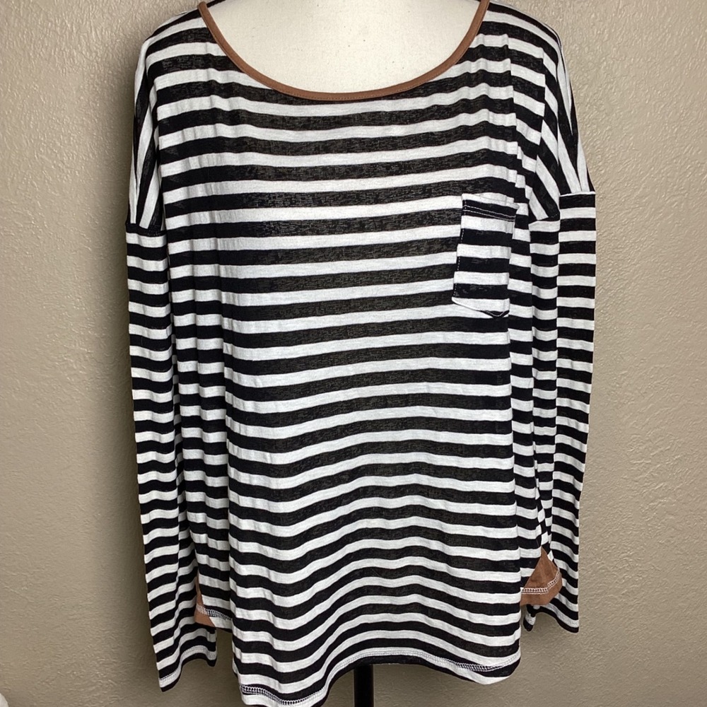 Hem & Thread Women's Black White Striped Long Sleeve Pocket Top Tan Trim Medium